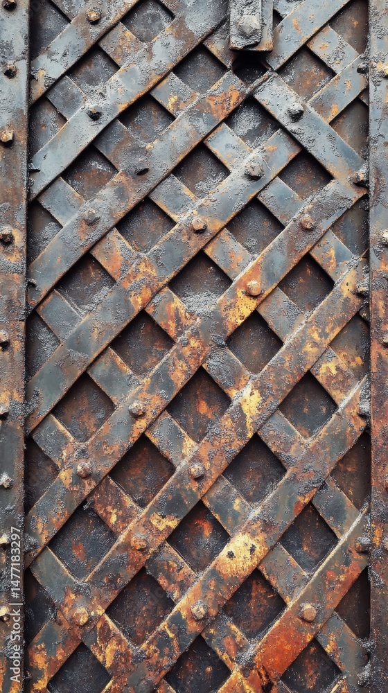 Poster close-up of a weathered metal gate with a lattice pattern showing rust and age in a vertical composi