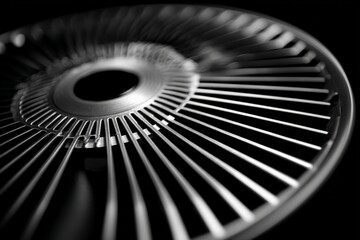 Close-up view of a circular metallic fan blade with intricate design showcasing its fine details and craftsmanship