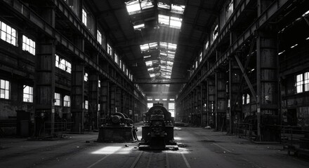 Obraz premium Abandoned Factory: Monochromatic Industrial Interior with Sunbeams