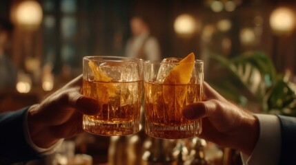 Two glasses of cocktails are being cheered in a bar setting.