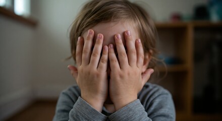 A child covers her face with her hands for fear of loneliness while sitting indoors in soft light  