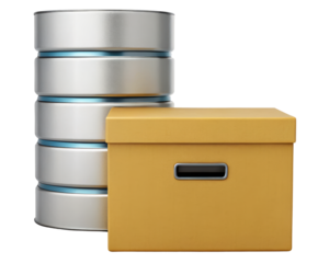 Database storage concept with server and archive box on a transparent background