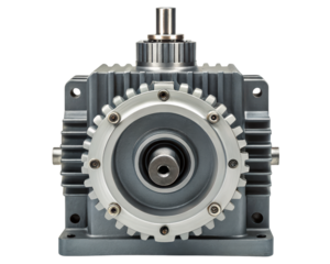 Heavy-duty metal gearbox with a central output shaft on a transparent background