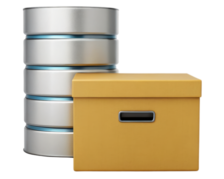 Database storage concept with server and archive box on a transparent background
