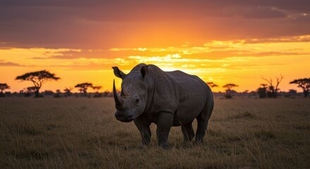 Fototapeta premium Rhino Grazing in Field at Dramatic Sunset, African Wildlife