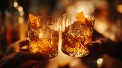 Two hands holding glasses with amber liquid and ice in a warm setting.