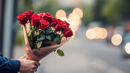 Bouquet of red roses is being held by a person on a street