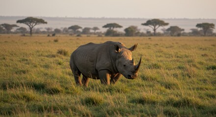 Fototapeta premium Rhino Walking in Grassy Field at Dusk Wildlife Scene