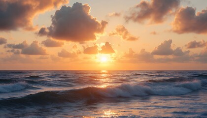 Obraz premium Golden Sunset Over Ocean Waves Reflecting Warm Light And Cloudscape In A Serene Coastal Scene Featuring Tranquil Waters And A Vibrant Horizon With Natural Light