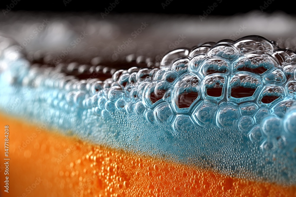 Poster bubbles rise from a refreshing drink in a close-up view capturing colorful foam details