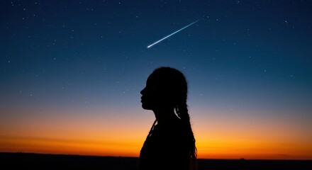 Fototapeta premium Watching a Shooting Star at Night with Silhouette of Young Person