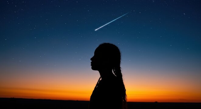 Watching a Shooting Star at Night with Silhouette of Young Person