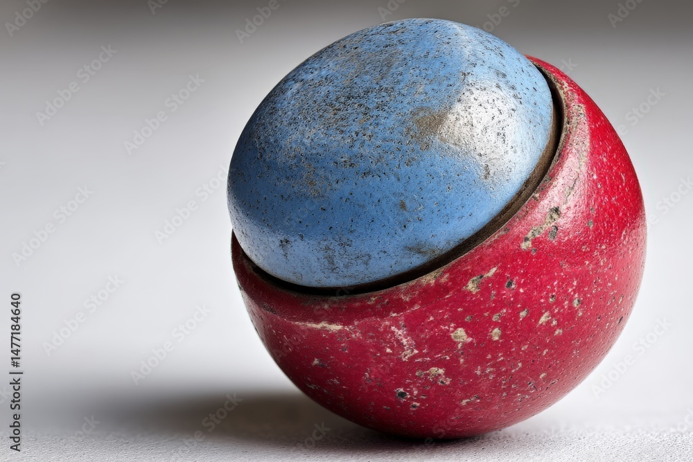 Poster vintage colorful toy ball resting on a table with a worn surface and scratches