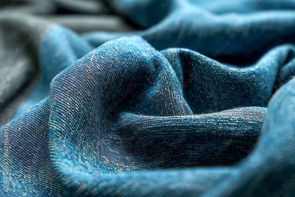 Poster Soft blue fabric creates an inviting texture with gentle folds and intricate patterns in a close-up view