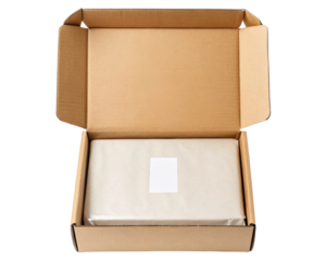 Open cardboard box with a wrapped package and blank label on a transparent background