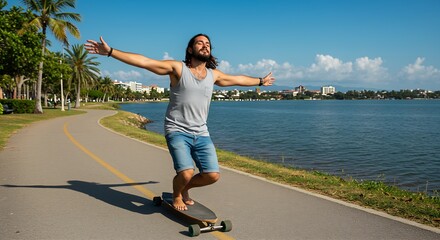 Carefree Man Longboarding on Coastal Path, Enjoying Sunny Day by the Lake