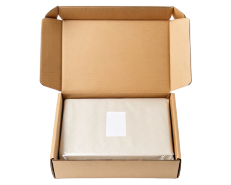 Open cardboard box with a wrapped package and blank label on a transparent background