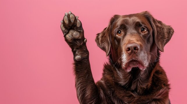 The chocolate labrador with paw raised