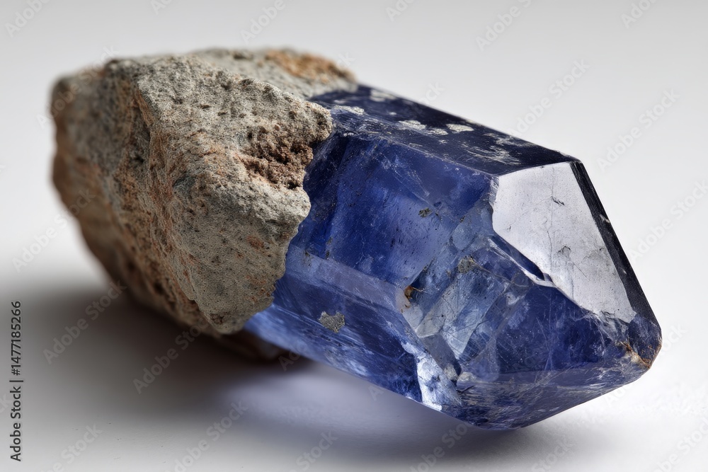 Poster natural blue crystal embedded in rough rock displayed on a neutral surface