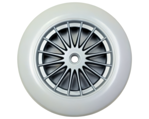 White and silver-spoke wheel with a central hub on a transparent background