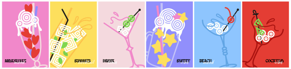 cocktail poster set. summer drink card in abstract, minimal style. milkshake, lemonade, alcohol drink illustration
