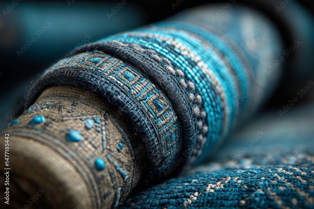 Poster Textiles showcase intricate patterns and textures in various shades of blue with detailed embroidery and weaving techniques