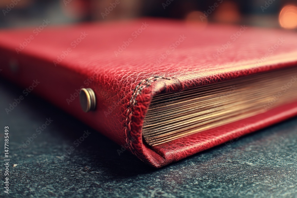 Poster Leather-bound journal resting on a dark tabletop with warm background light creating a cozy atmosphere