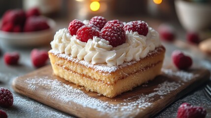 Cake with Cream and Raspberries on Wooden Board