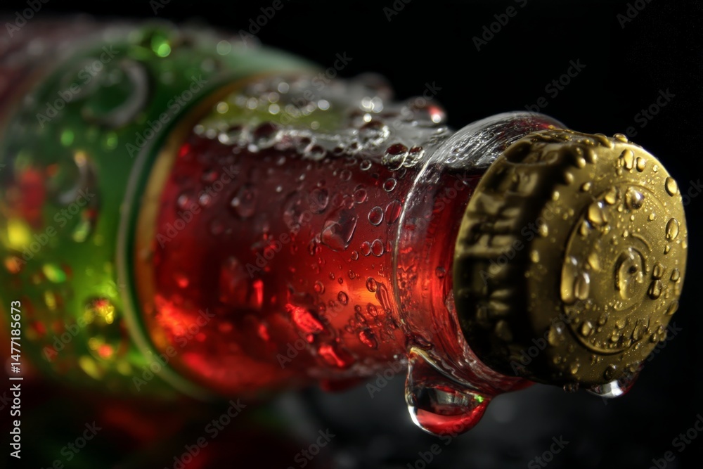 Poster refreshing drink with condensation on bottle captured in close-up at evening