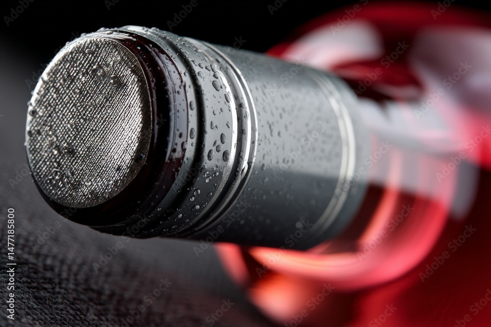 Poster close-up of a wet wine bottle cork with droplets, highlighting texture and color in a dimly lit sett