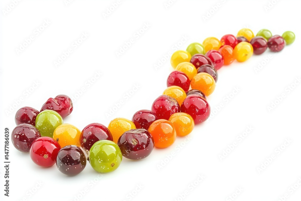 Poster cool citrus and berry sequence, artfully arranged in a row, cleanly isolated on a bright white backd