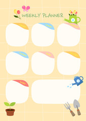 Cute garden-themed weekly planner with colorful day labels and gardening illustrations. Vector illustration.