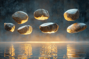 Naklejka premium A dramatic arrangement of smooth, rounded boulders suspended in mid-air over a reflective water surface. The rocks are illuminated by a warm, golden light, casting soft shadows on the water below.