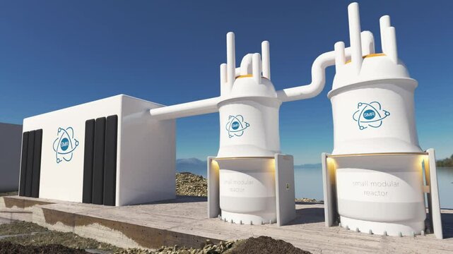 concept of a SMR small modular nuclear reactor power plant on a sunny day. SMR is a future energy concept. 3d rendering.