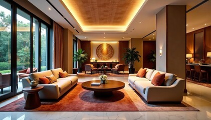 Luxurious hotel lobby interior with plush seating and elegant decor , modern, ceiling