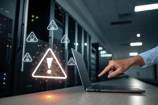 Cybersecurity, System warning hacked alert, Protection against personal data hacking, Notification error mark computer virus detected caution, Cyber attack on computer network, Virus and cybercrime