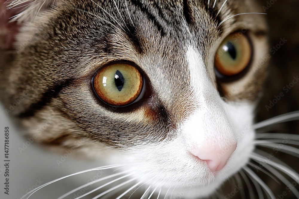 Aufkleber Close-up view of a curious cat with striking eyes observing its surroundings in a cozy indoor setting