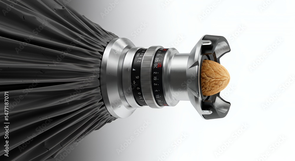 Poster mechanical object with radial black lines converging to silver core and gold sphere isolated by whit