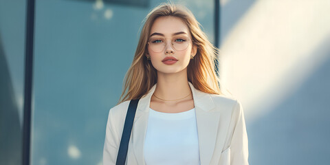 Confident Young Woman in Business Outfit Outdoors, Professional Woman in a Modern City, Businesswoman Walking in the City

