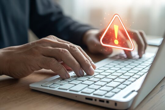 Cybersecurity, System warning hacked alert, Protection against personal data hacking, Notification error mark computer virus detected caution, Cyber attack on computer network, Virus and cybercrime