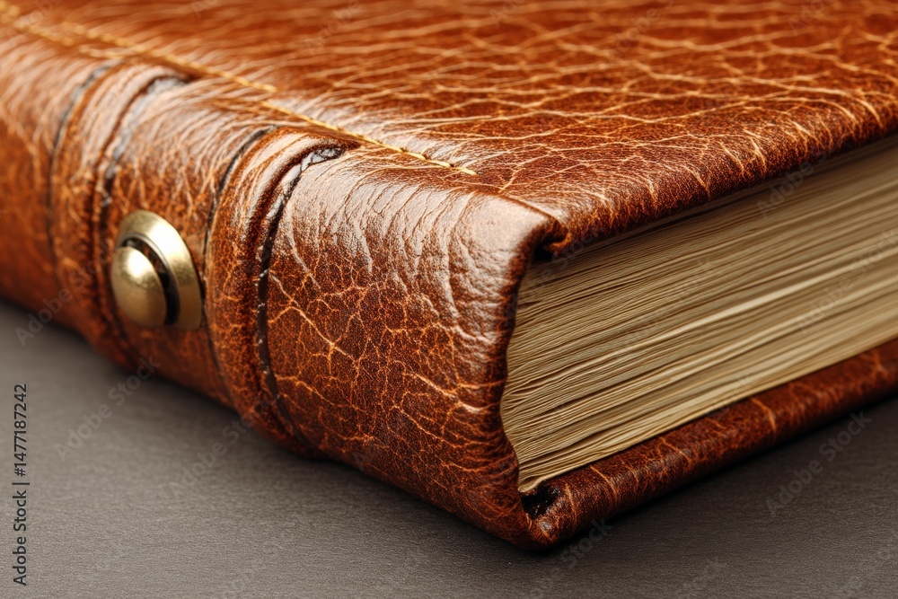 Poster brown leather-bound journal on a dark surface with visible texture and detailing capturing the essen