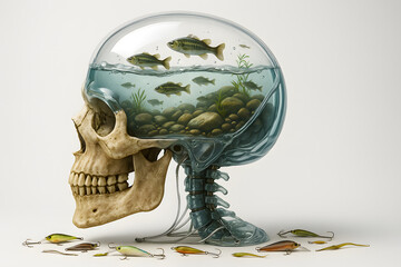 Skull filled with fish tank underwater ecosystem