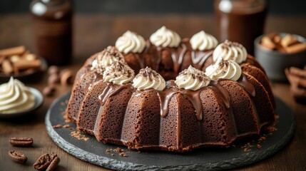 Chocolate Bundt Cake with Cream Topping on Slate Plate