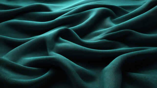 The elegant teal fabric drapes softly in undulating waves, creating a luxurious and textured surface with delicate folds and a soothing, cool color palette. - Powered by Adobe