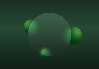 Dark green glassmorphism background with glossy spheres and translucent central circle. Ideal for eco design, apps, or modern presentations.