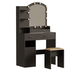 A black vanity with a mirror and a stool
