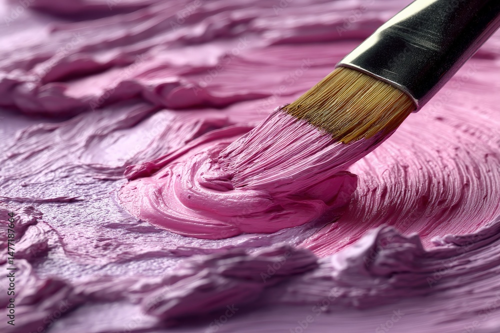 Aufkleber brush strokes create textures of pink paint on a canvas in an artist's studio during the day
