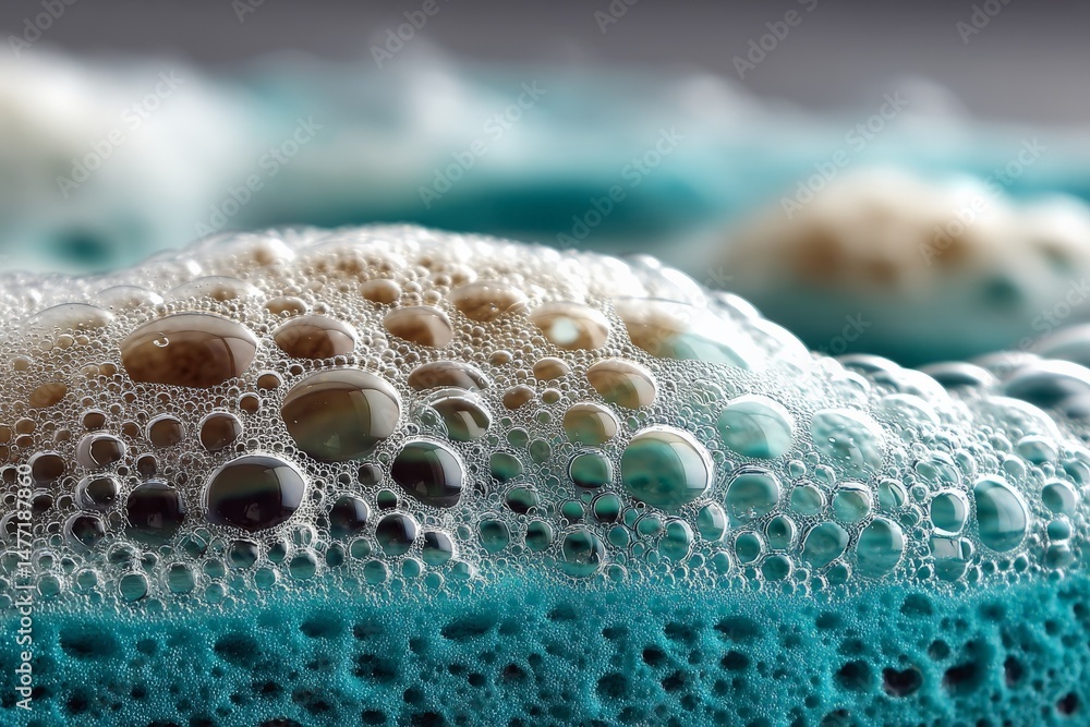 Poster bubbles create an intriguing pattern in vibrant blue liquid during a scientific experiment in a labo
