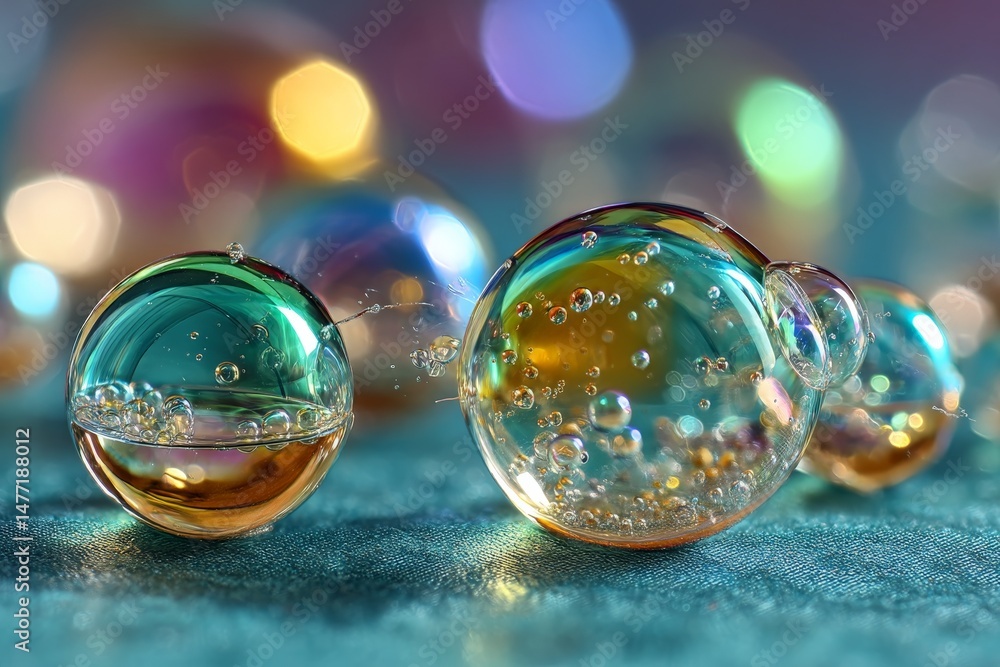 Poster colorful glass bubbles reflect light creating a vibrant display on a textured surface in a creative 
