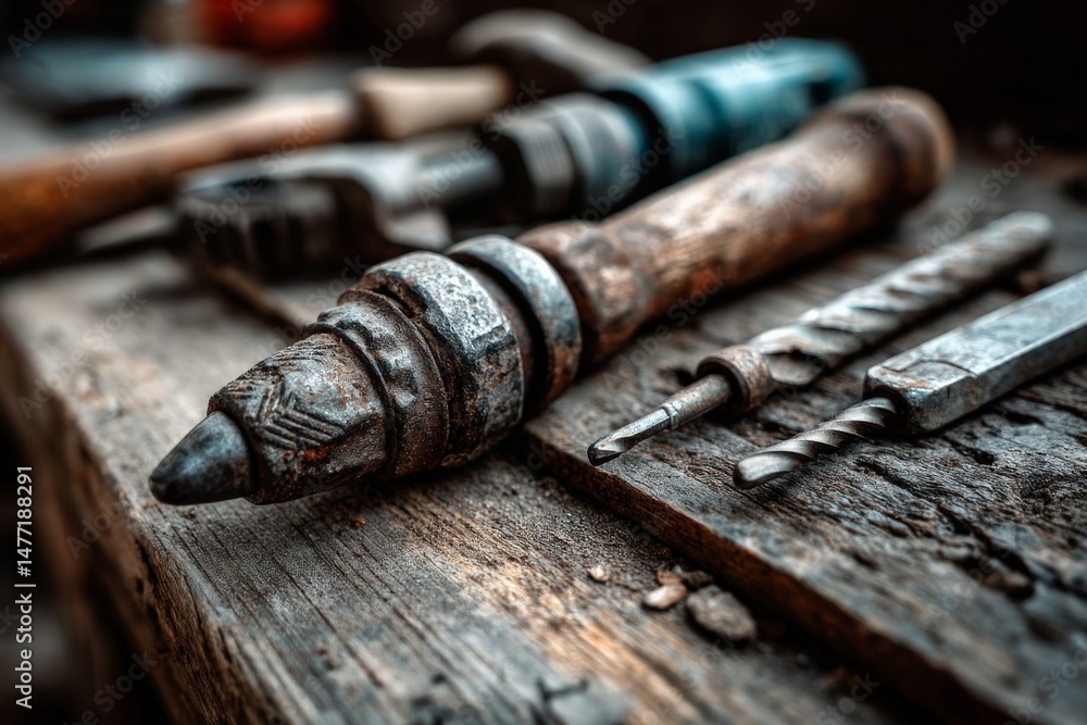 Poster tools used for woodworking on a rustic workbench in a workshop during the afternoon light